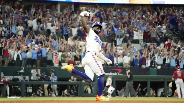 Texas Rangers Adolis Garcia hits a walk-off home run against Arizona Diamondbacks in Game 1 of the World Series.